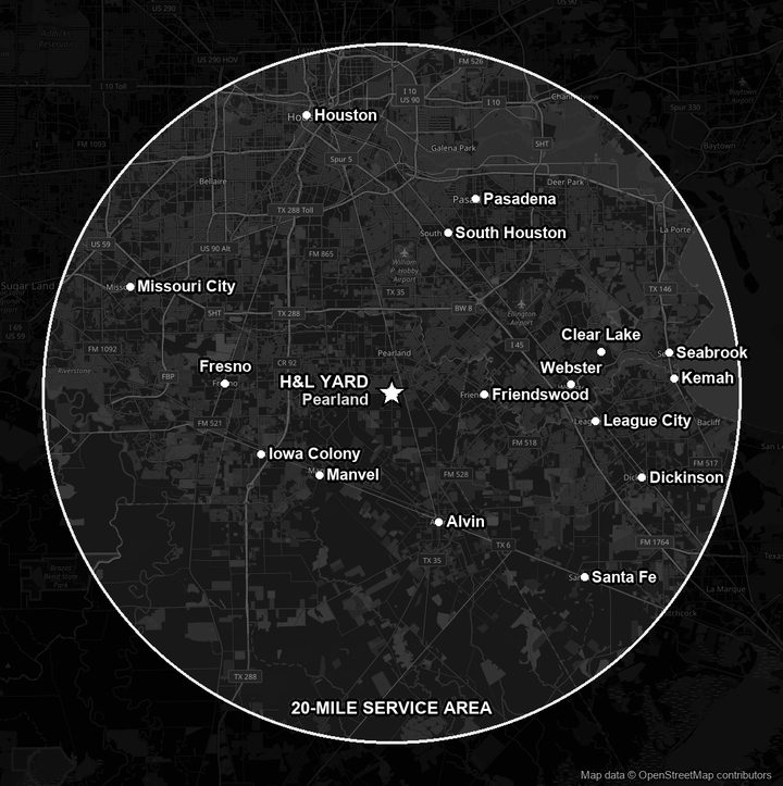 Map of H&L's 20-mile dumpster service area, a circle around our yard covering Pearland, Friendswood, Manvel, Alvin, League City, Webster, Clear Lake, Pasadena, South Houston, Dickinson, Santa Fe, Missouri City, Seabrook, Kemah, and south Houston.