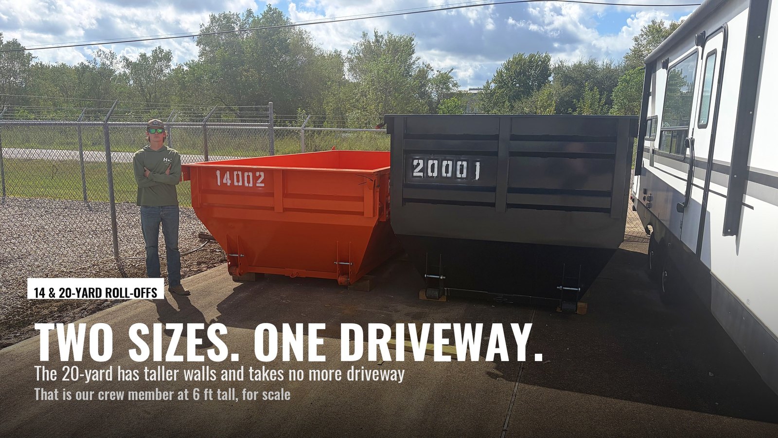 14-yard and 20-yard roll-off dumpsters at the H&L Pearland yard with a 6 ft crew member for scale