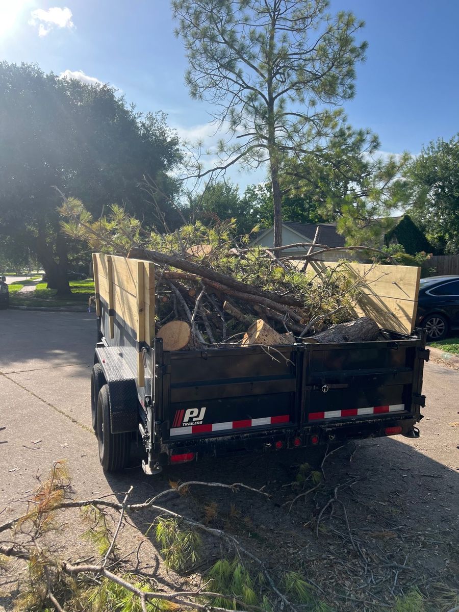 H&L dump trailer loaded with brush and branches on a junk removal job